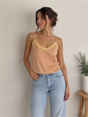 Tucci Peach Satin Lace Trim Cami Tank Top Size M